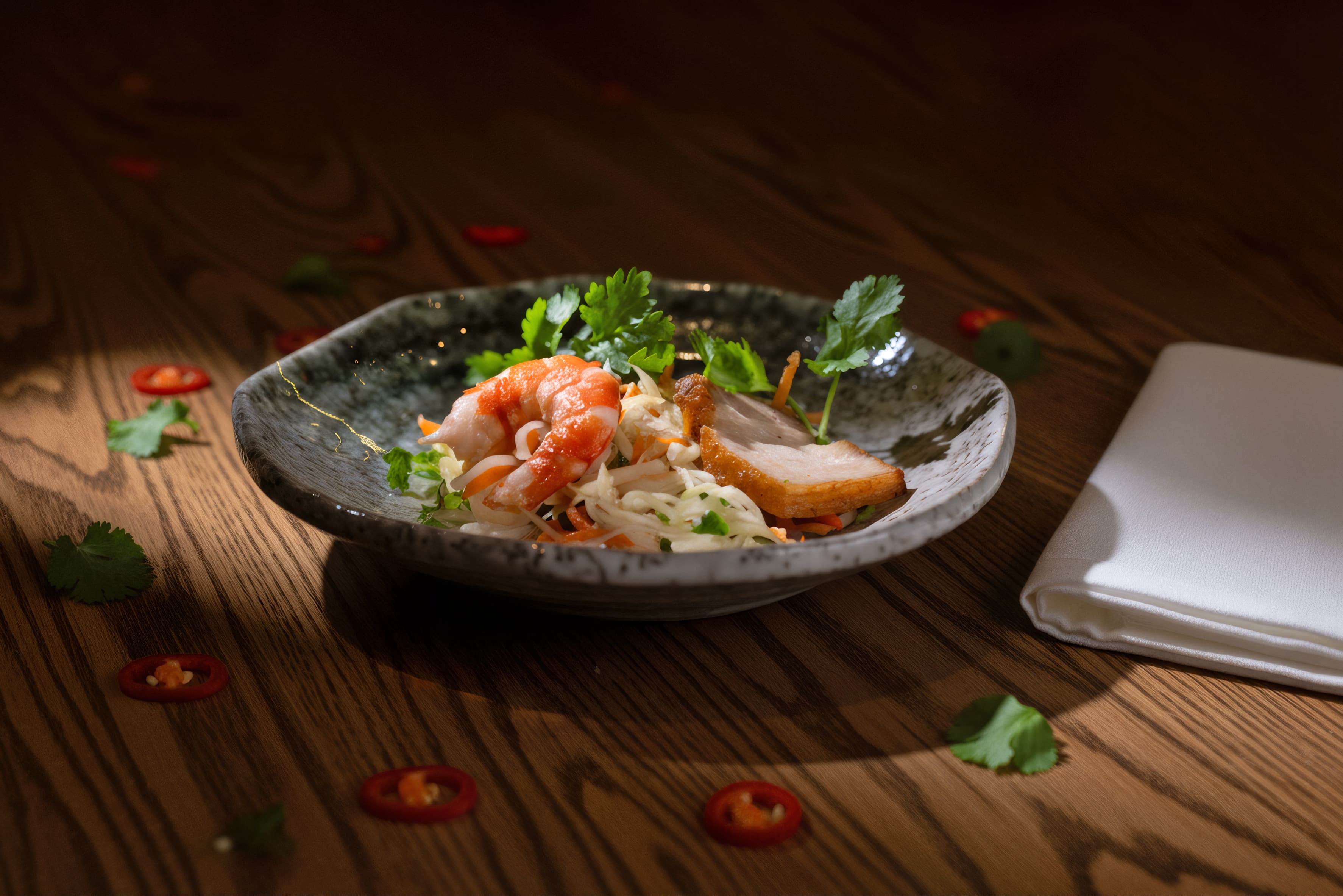 Hand pulled chicken salad with prawn and crispy pork