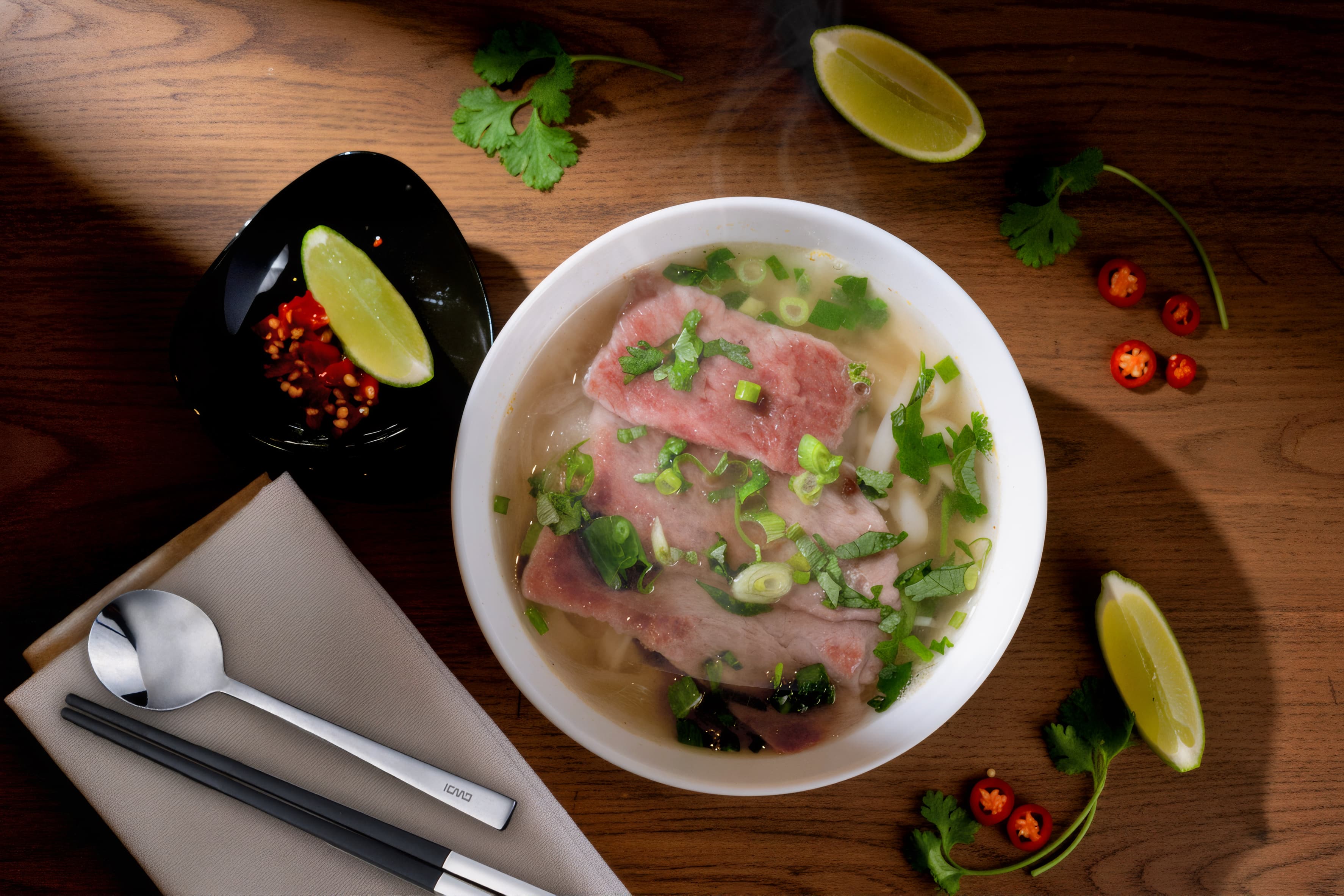 Bowl of Hanoi beef pho topped with thin slices of beef