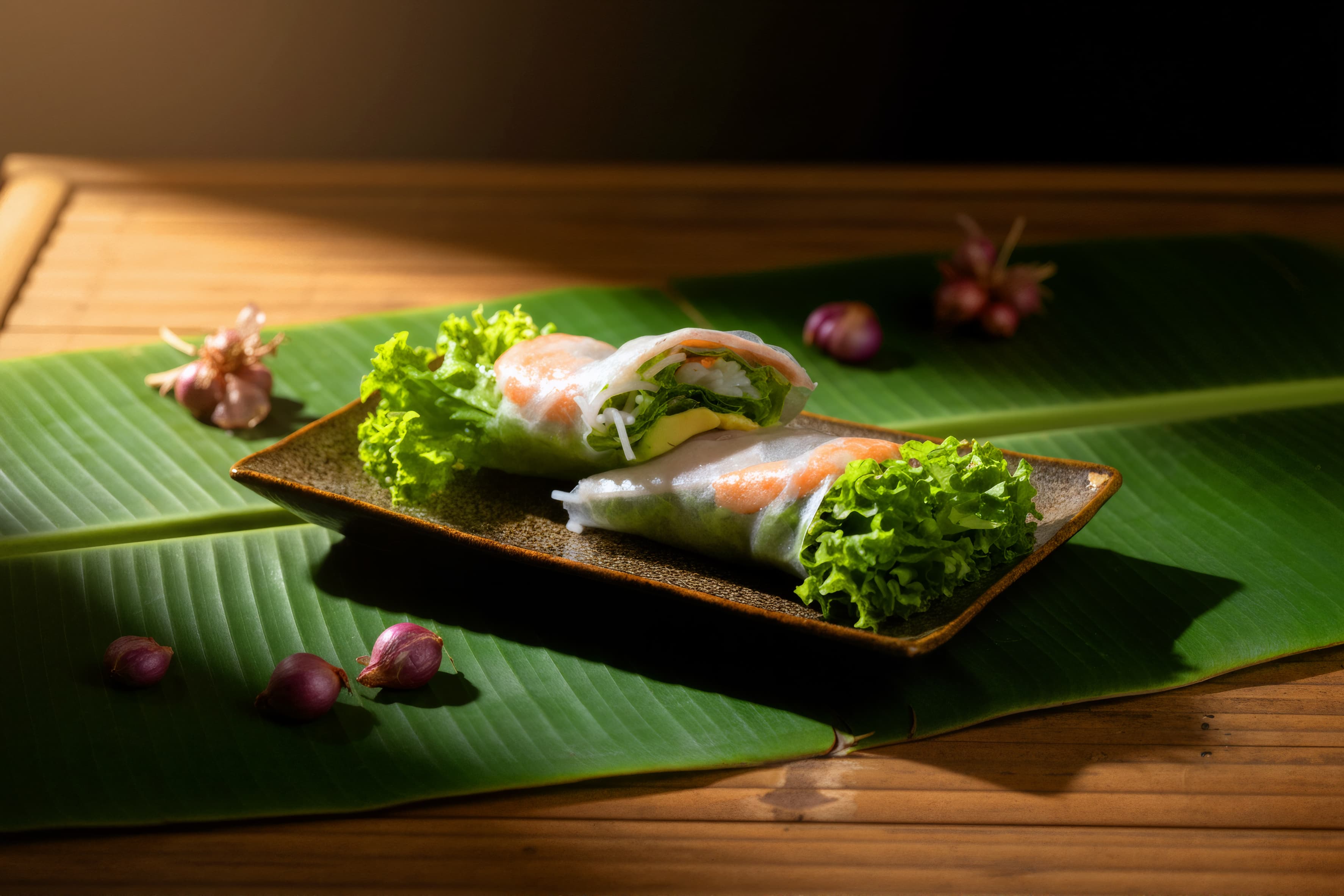 Fresh prawn spring rolls served on a banana leaf