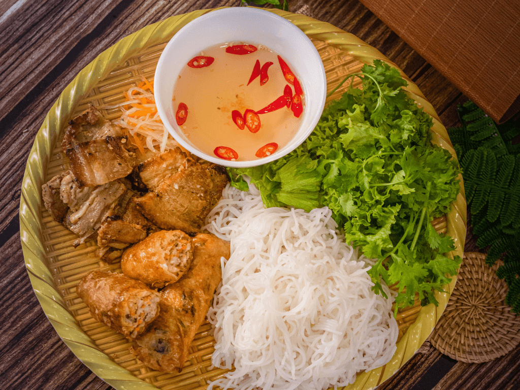 Char-grilled pork vermicelli with fried spring rolls